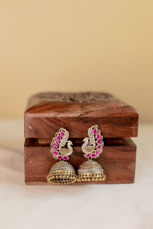 Dual Tone Peacock Stud Jhumka- Red 13B
