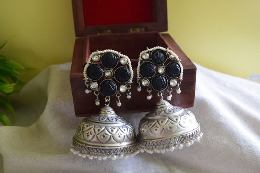 Silver Look Alike Statement Flower Jhumka - Black 15A