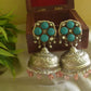 Silver Look Alike Statement Flower Jhumka - Aqua Blue 15B