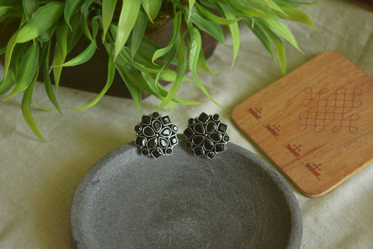 Oxidised Geometric Flower Stud  - Model 1-28D