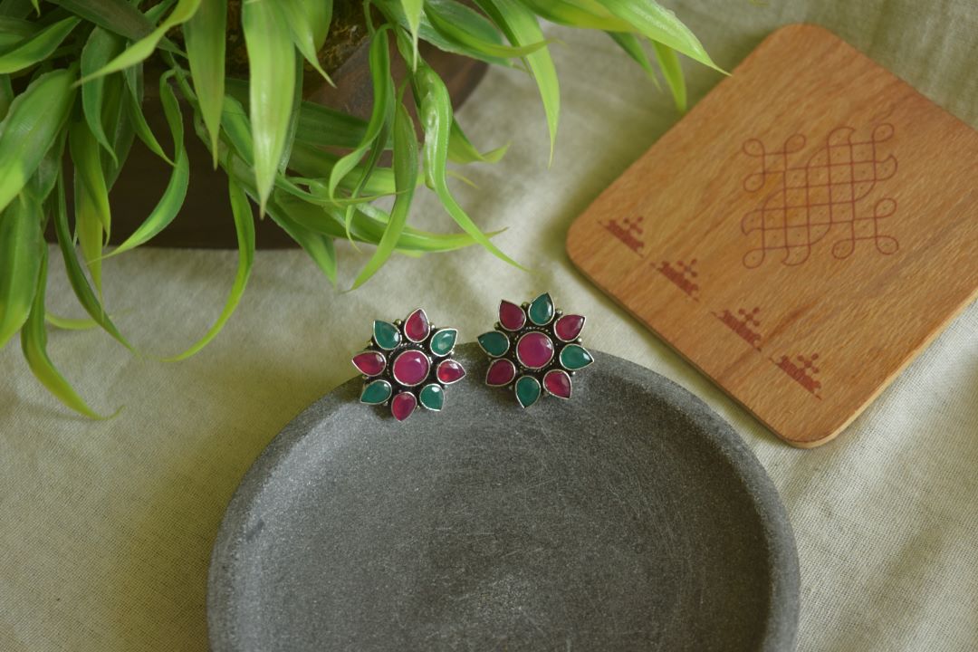 Oxidised Geometric Flower Stud  - Model 2-29D