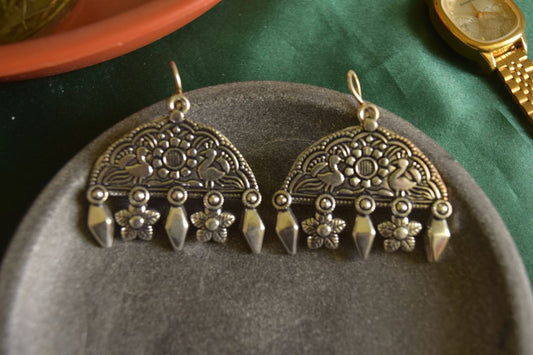Oxidised Hook Drop Peacock  Carving  Semi Circle