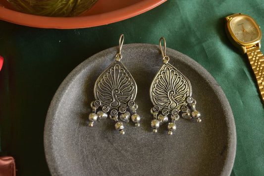 Oxidised Hook Drop Peacock  Carving  Tear Drop