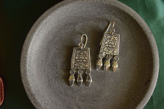Oxidised Hook Drop Flower Carving  Rectangle