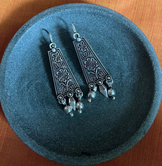 Oxidised Hook Drop Flower Carving Rectangle  - Medium