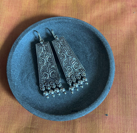 Oxidised Hook Drop Flower Carving Rectangle  - Long