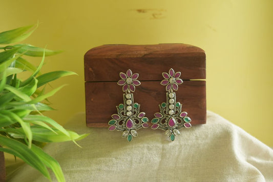 Oxidised Flower Stone Statement Stud -69A