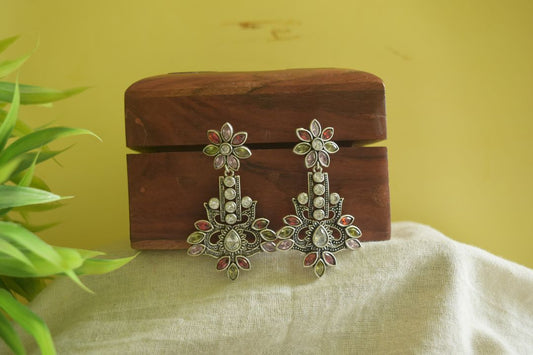 Oxidised Flower Stone Statement Stud-69B