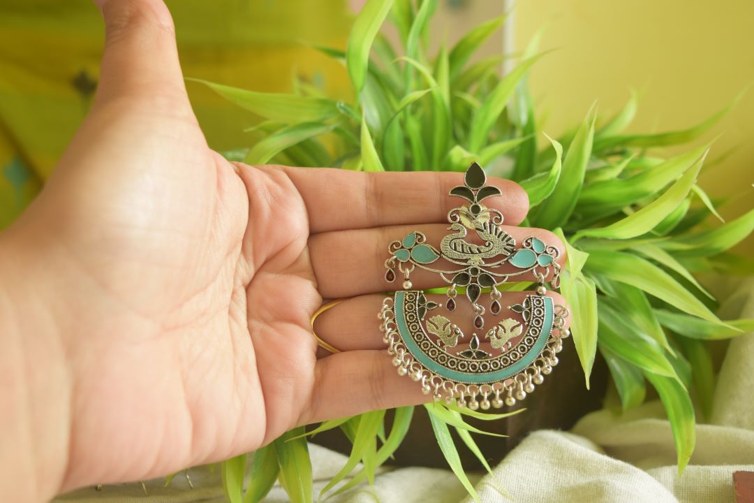 Oxidised Peacock Carving Enamel Chandbali-70F