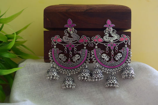 Oxidised Peacock Carving Enamel Chandbali With Jhumka-71A