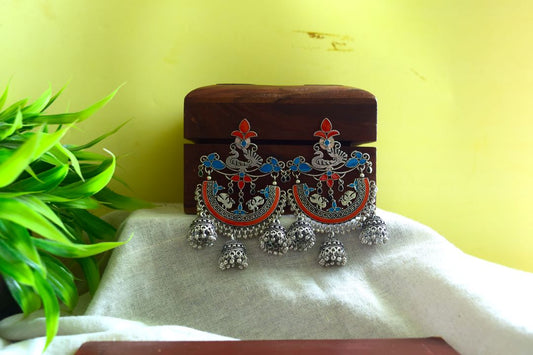 Oxidised Peacock Carving Enamel Chandbali With Jhumka-71B