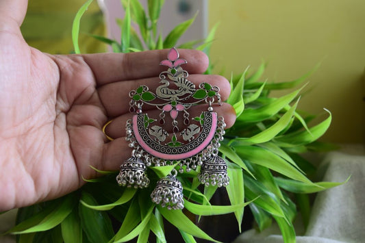 Oxidised Peacock Carving Enamel Chandbali With Jhumka-71C