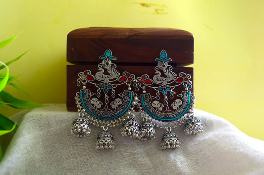 Oxidised Peacock Carving Enamel Chandbali With Jhumka-71E