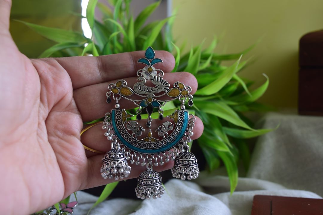 Oxidised Peacock Carving Enamel Chandbali With Jhumka-71F