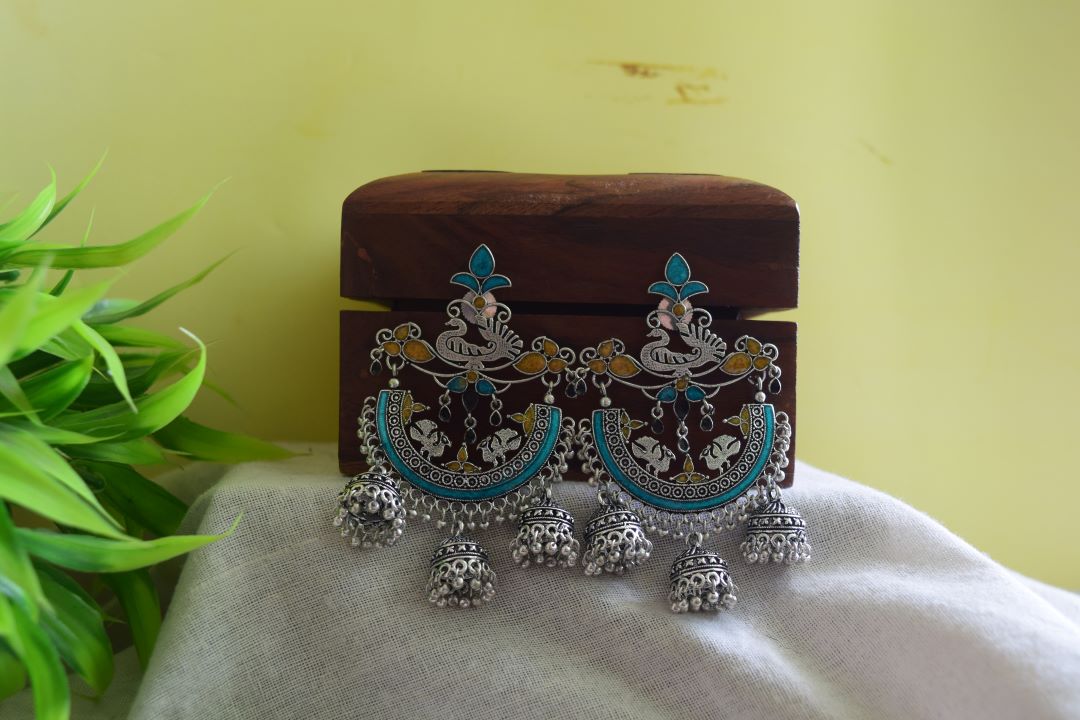 Oxidised Peacock Carving Enamel Chandbali With Jhumka-71F