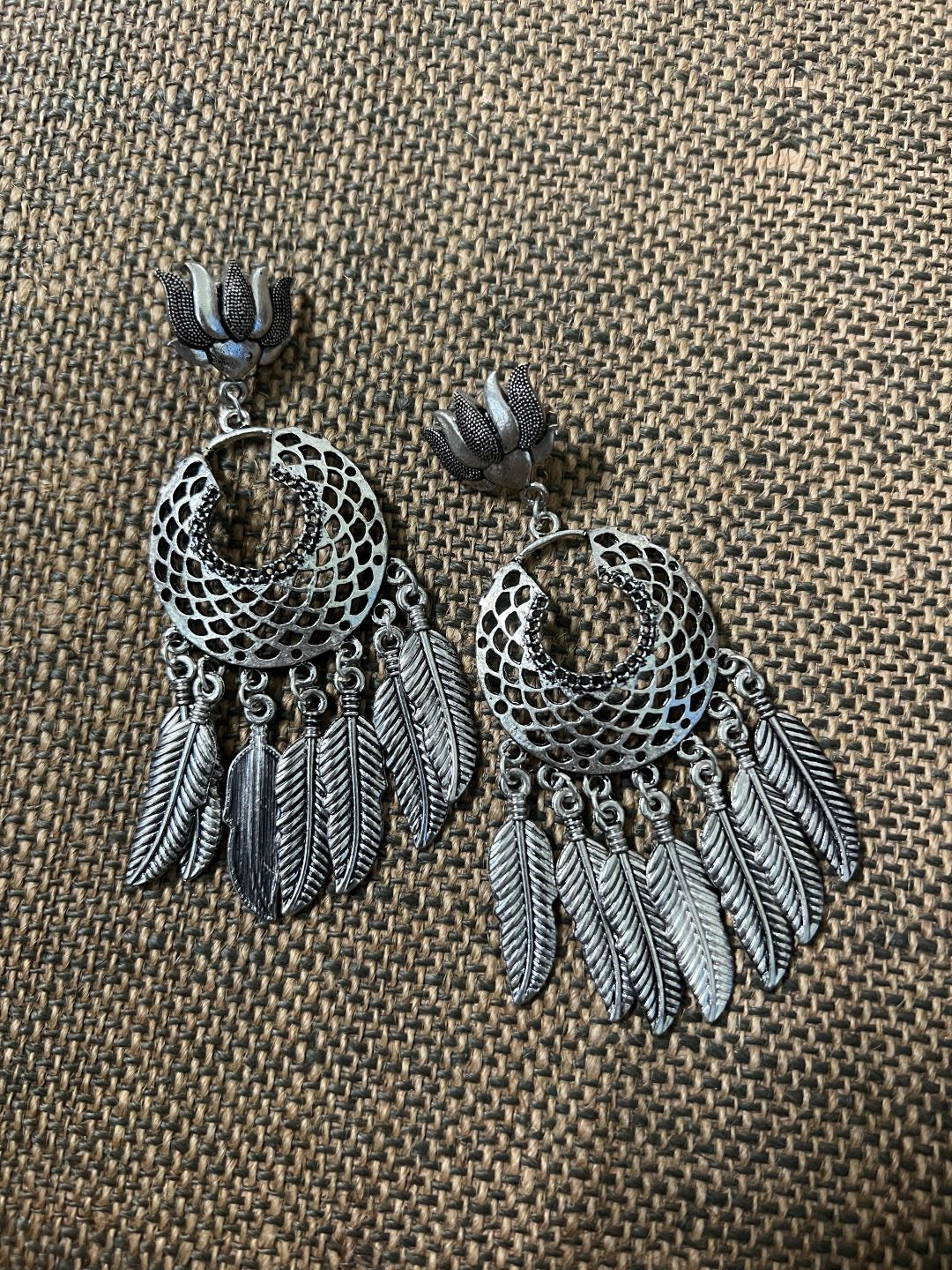 Oxidised Lotus Stud With Multiple Feathers   Chandbali