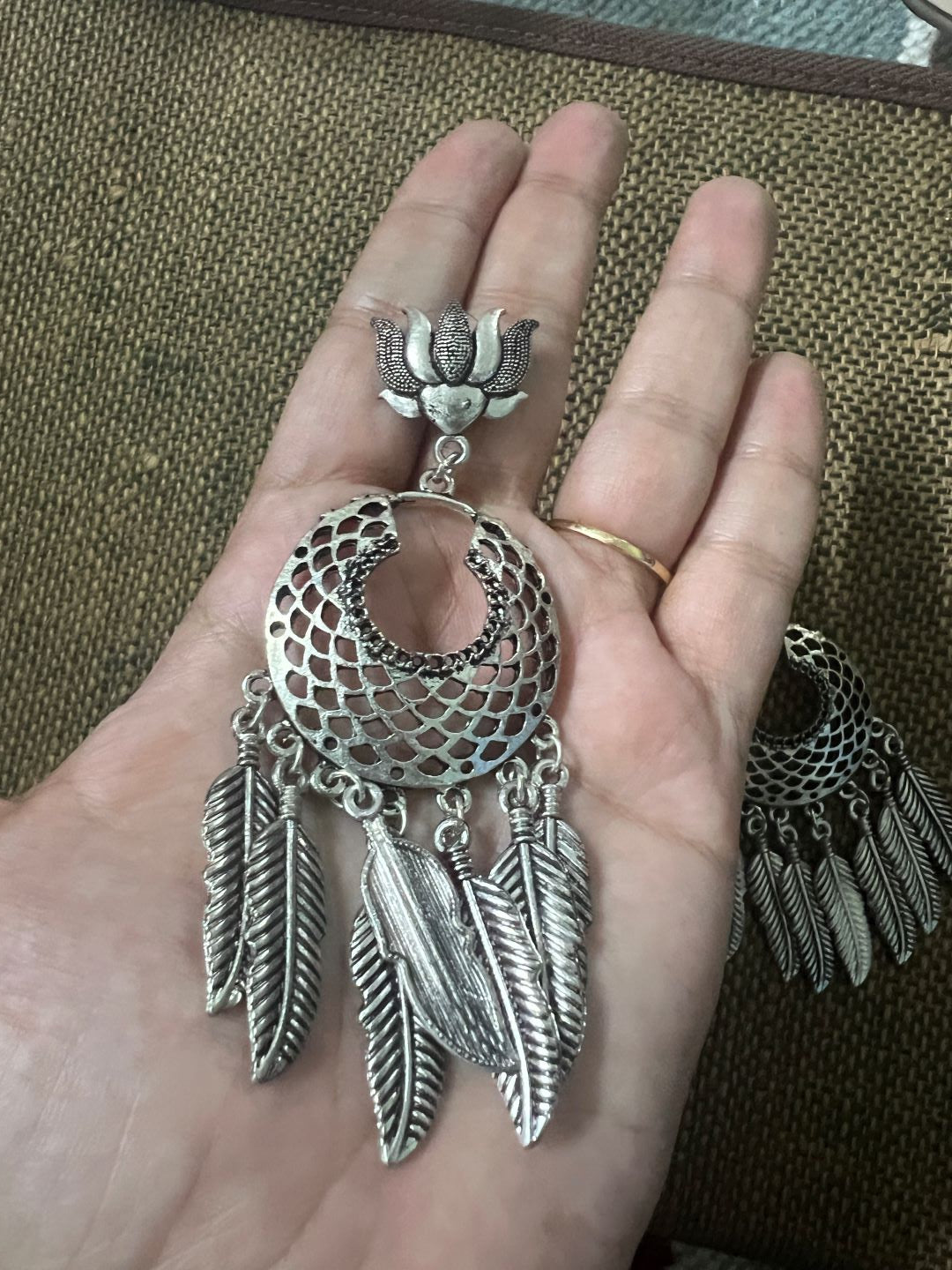 Oxidised Lotus Stud With Multiple Feathers   Chandbali