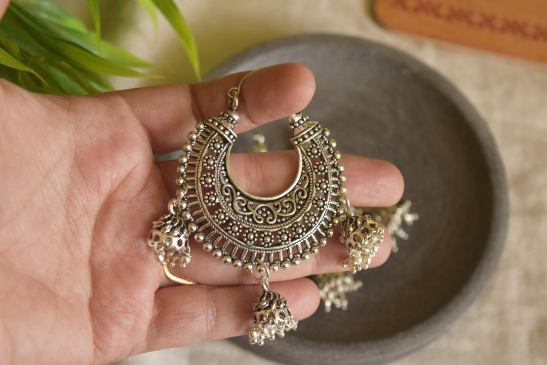 Silver Finish Hook drop Carving chandbali with small jhumka and ring loop