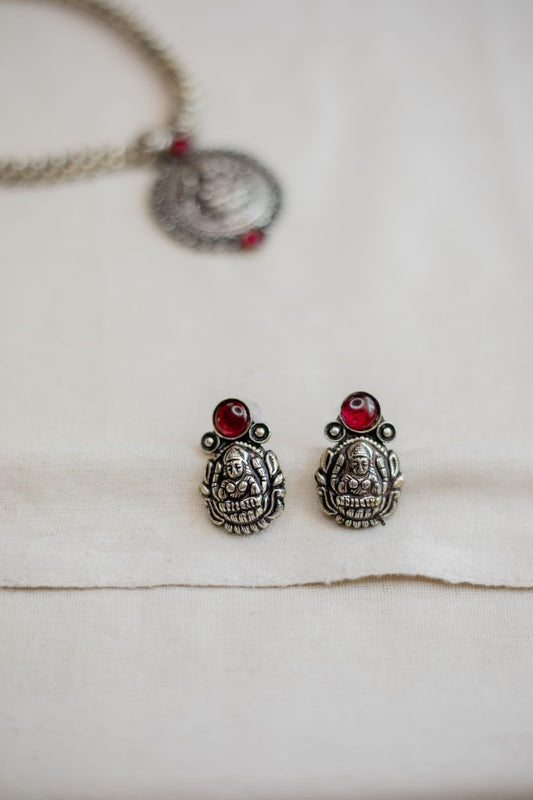 Oxidised Red Stone Lakshmi Stud-Small