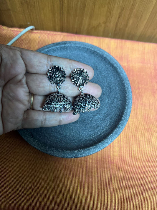 Silver Finish flower stud with  carving jhumka - small
