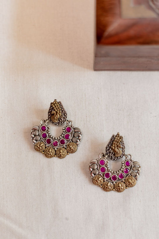 Dual Finish Peacock stud with lakshmi & stone chandbali