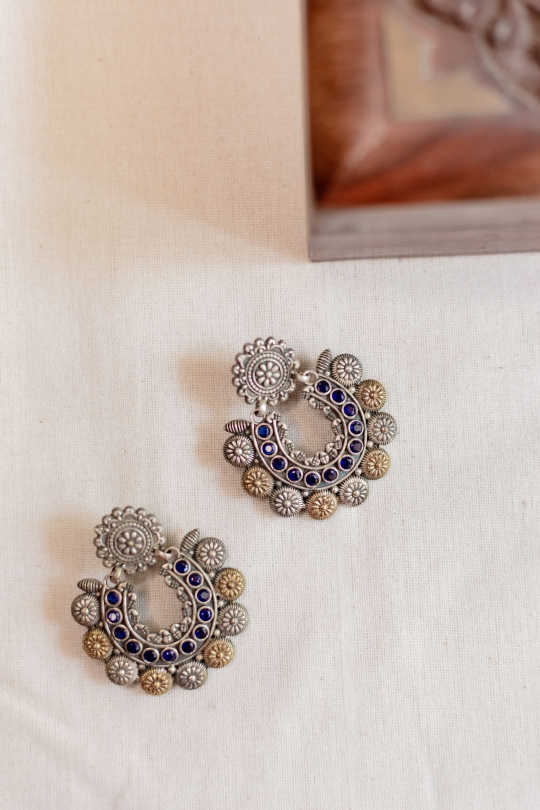 Dual finish flower stud with chakram & stone tiny mango chandbali-110A