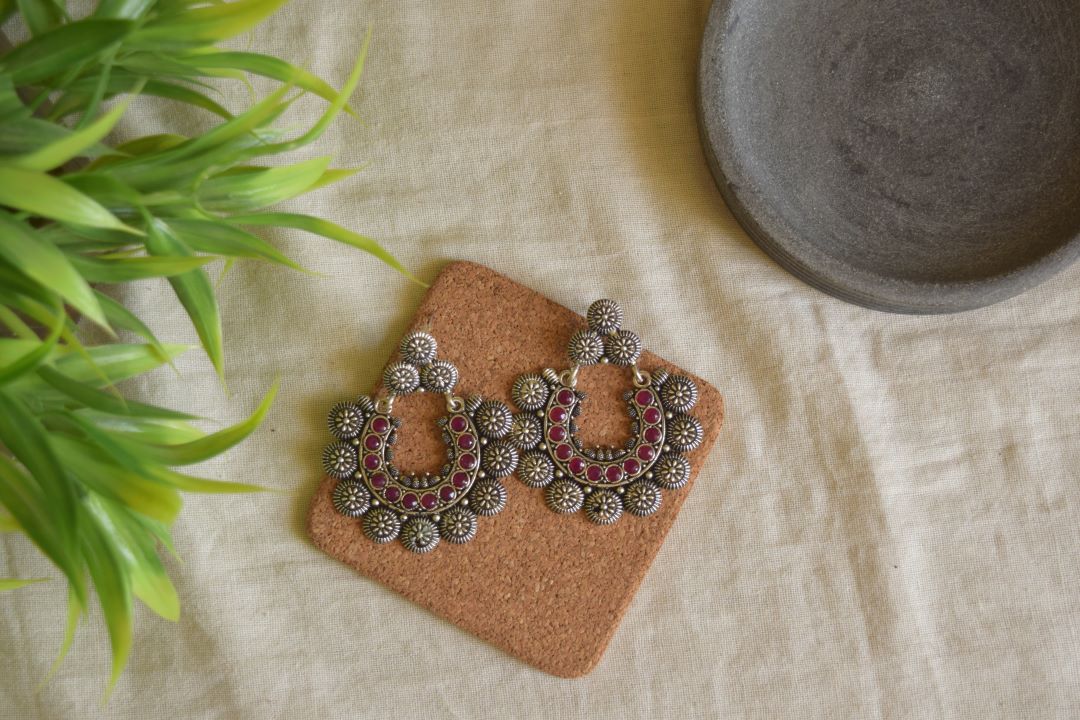 Dual finish flower stud with chakram & stone tiny mango chandbali-110B