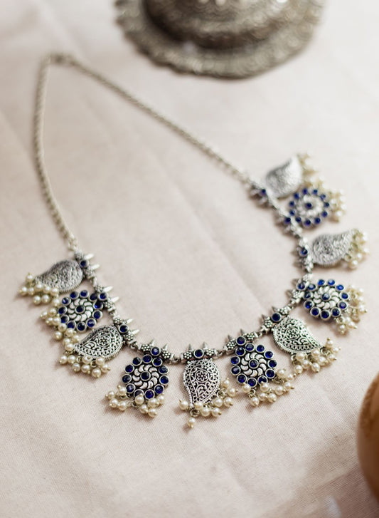 Silver Finish Flower  & mango motifs  sequence  necklace -39C
