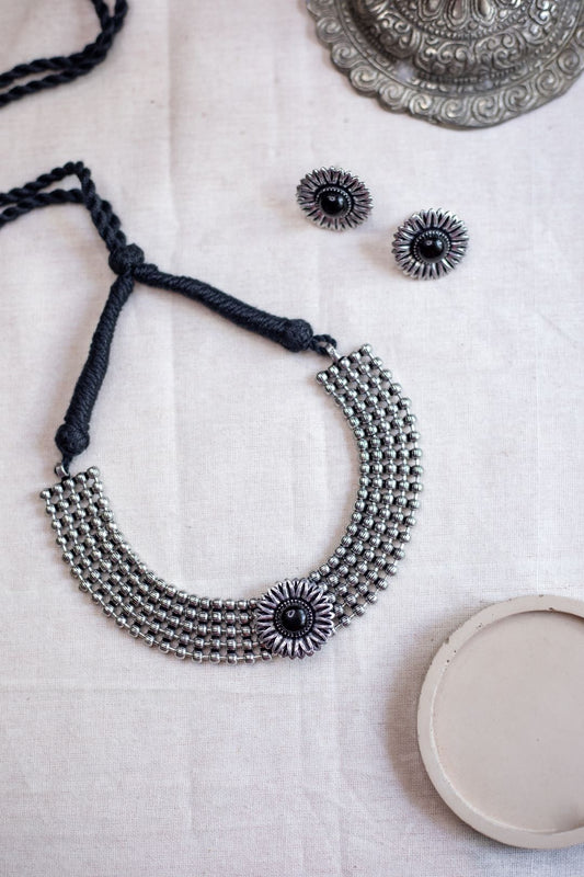 Silver Finish Layered beads   high neck  Chocker  with  pendant- 40A