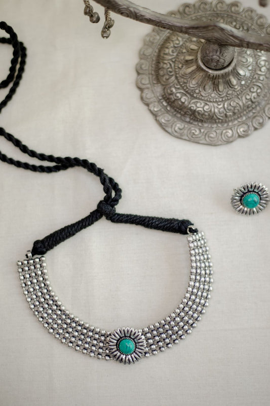 Silver Finish Layered beads   high neck  Chocker  with  pendant- 40B