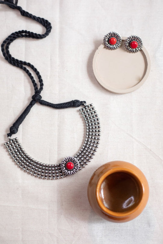 Silver Finish Layered beads   high neck  Chocker  with  pendant- 40C