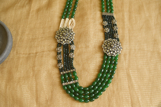Silver Finish Layared haaram with  Beads ,flower mugappu -41A