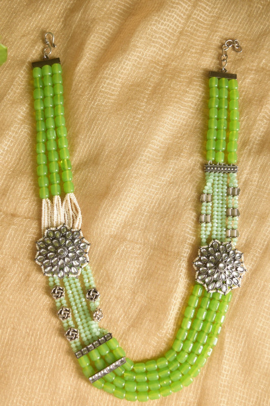 Silver Finish Layared haaram with  Beads ,flower mugappu -41B