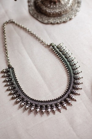 Silver Finish Spike Kolhapuri Necklace  Model 1 with stud