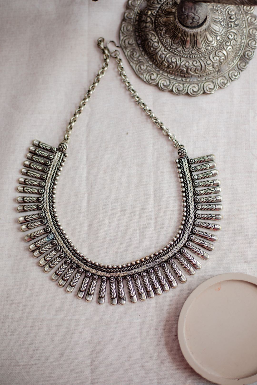 Silver Finish Spike Kolhapuri Necklace Model 2 with stud