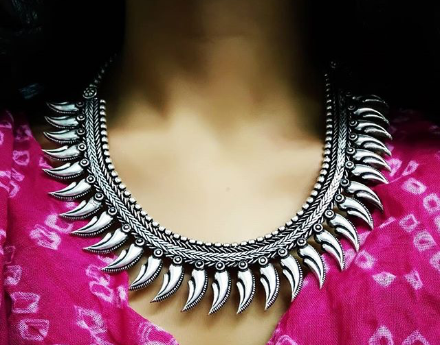 Silver Finish Spike Kolhapuri Necklace  Model 4 with stud