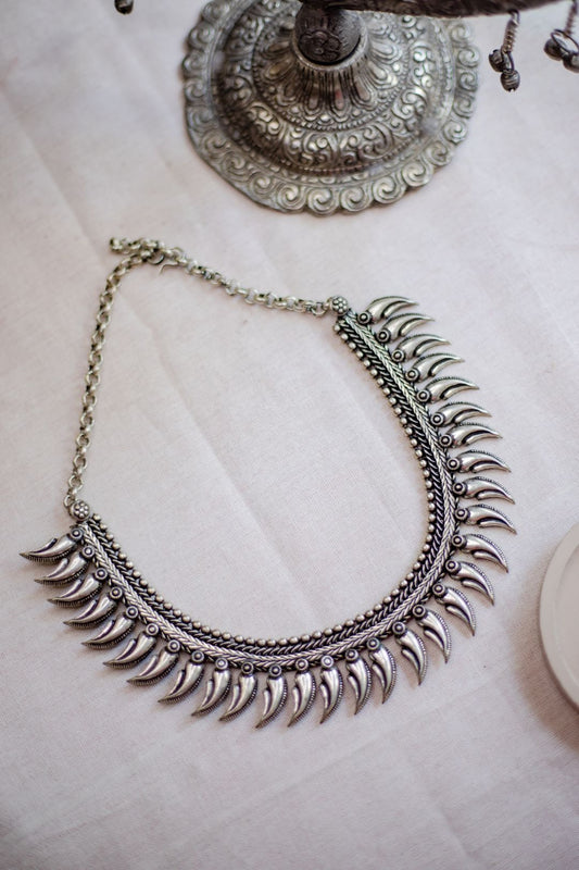 Silver Finish Spike Kolhapuri Necklace  Model 4 with stud