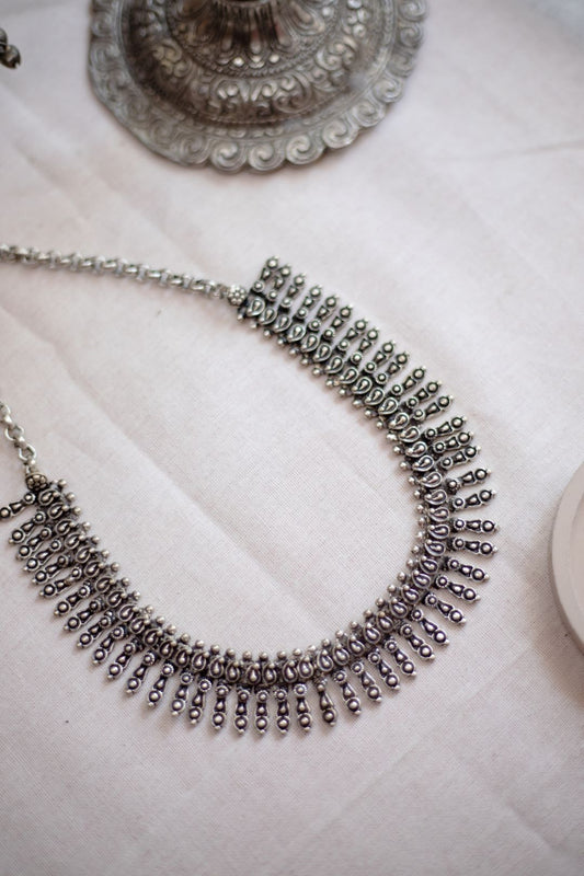 Silver Finish tiny mango motifs with spikes droplets  - Mini Kolhapuri Necklace