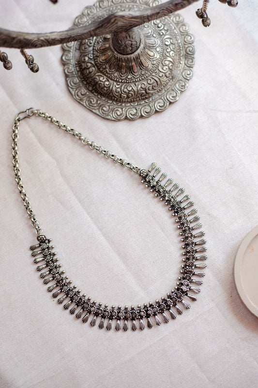 Silver Finish seashell sequence Necklace with spikes droplets - Mini Kolhapuri Necklace