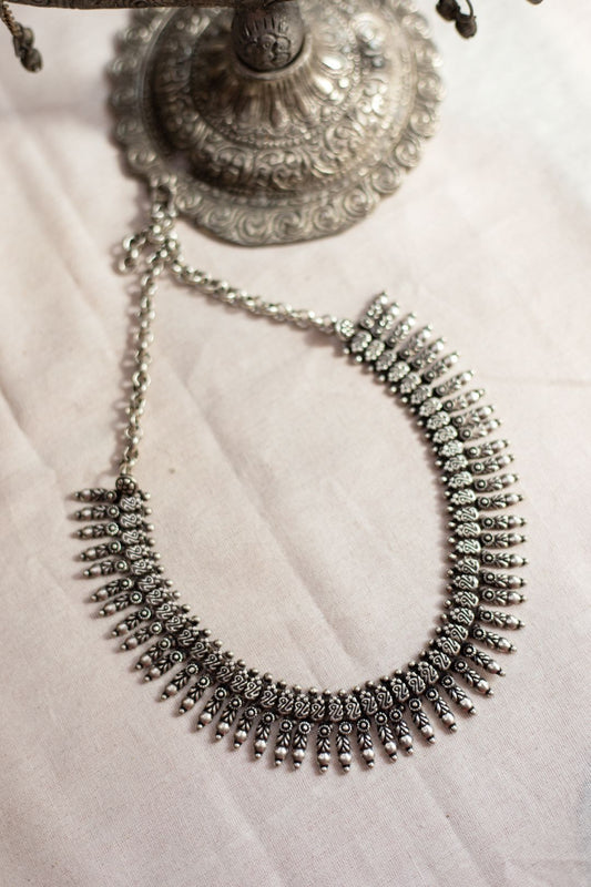 Silver Finish Half peacock sequence Necklace / Anklet with spikes droplets - Mini Kolhapuri Necklace