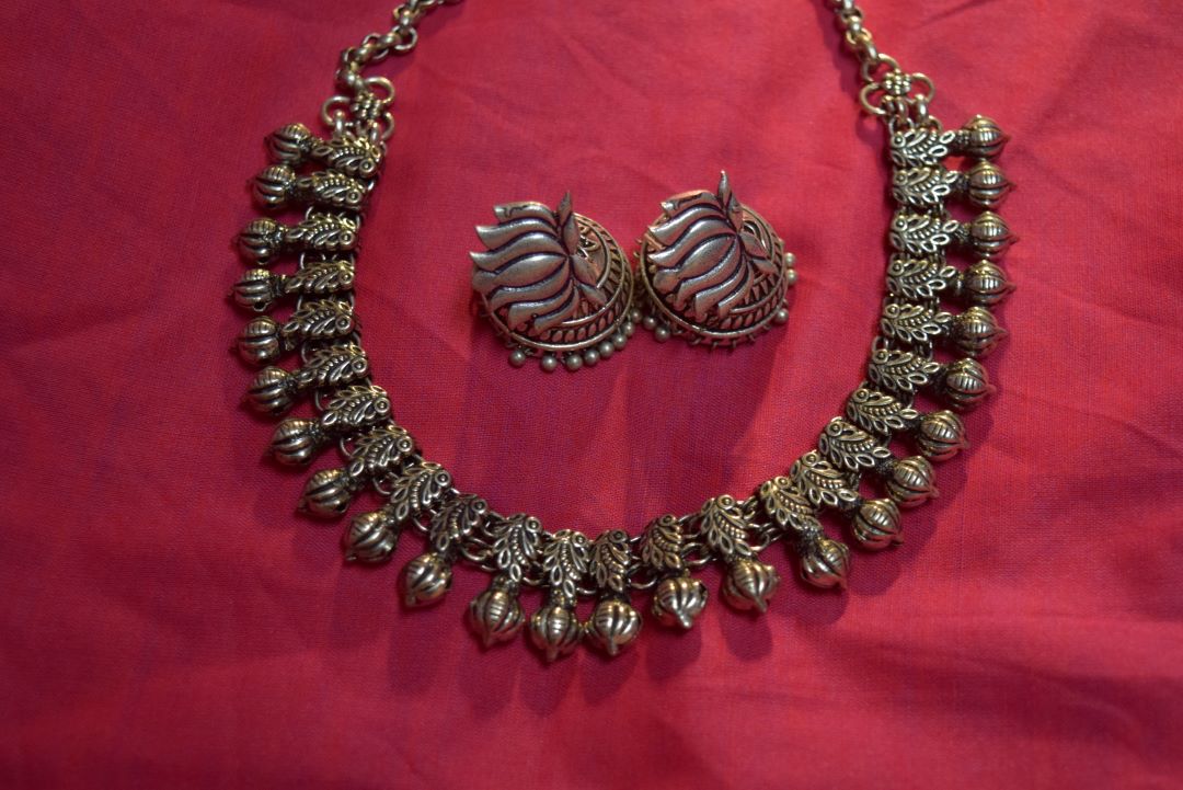 Silver Finish  Half-Peacock sequence Necklace with Lotus bud  (pumpkin beads) - Kolhapuri Necklace