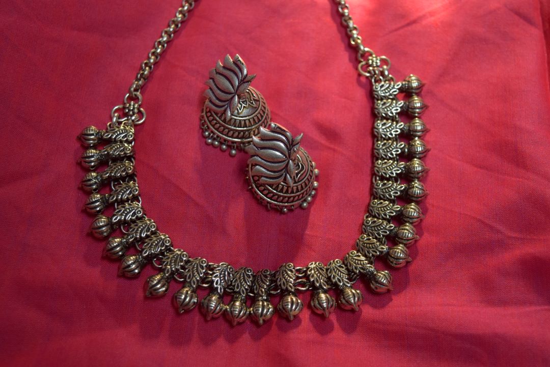 Silver Finish  Half-Peacock sequence Necklace with Lotus bud  (pumpkin beads) - Kolhapuri Necklace