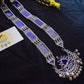 Silver Finish  long rectangle  haaram enamel with jumbo pendant - Navy blue