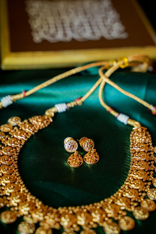 Gold Finish Peacock & Small Lakshmi Coin Necklace