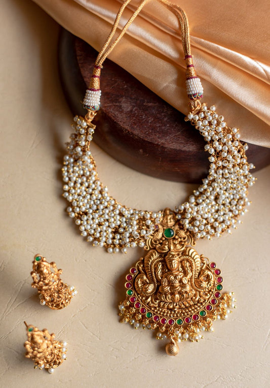 Lakshmi carving  twin peacock  chocker with Lakshmi jhumka