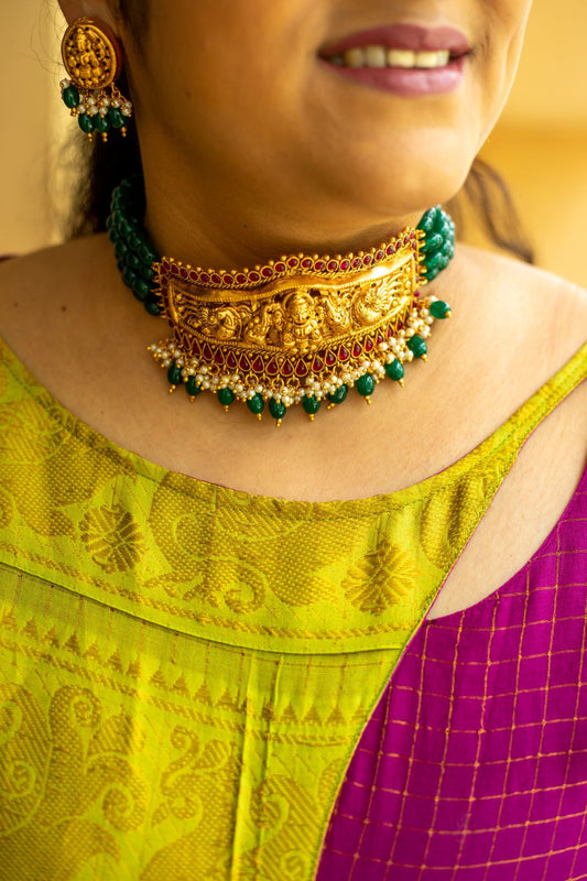 3 Layer green crystal high neck chocker with Lakshmi Stud