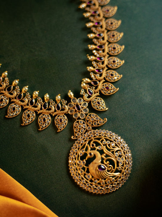 Gold Finish Mango  Peacock AD -Ruby Necklace with Stud