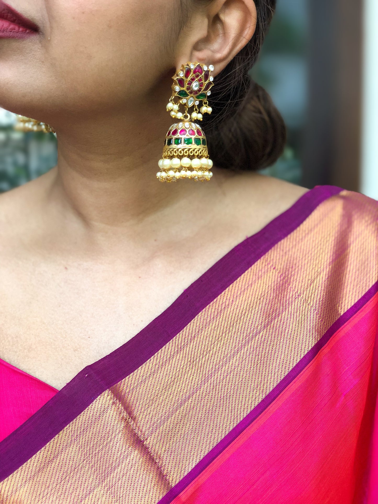 Lotus stud jhumka with  Pearl Hangings