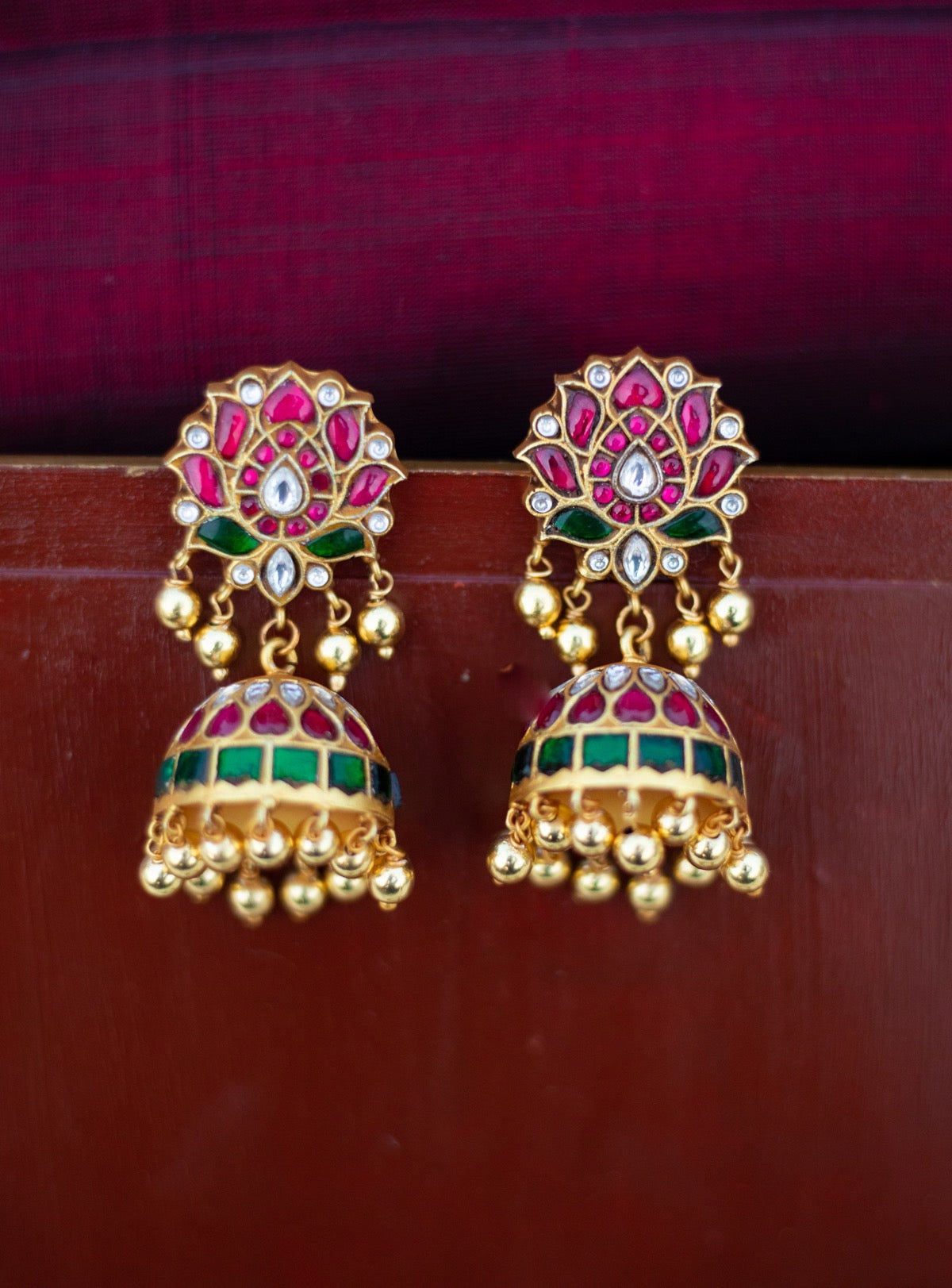 Lotus stud jhumka  with  Gold Hangings