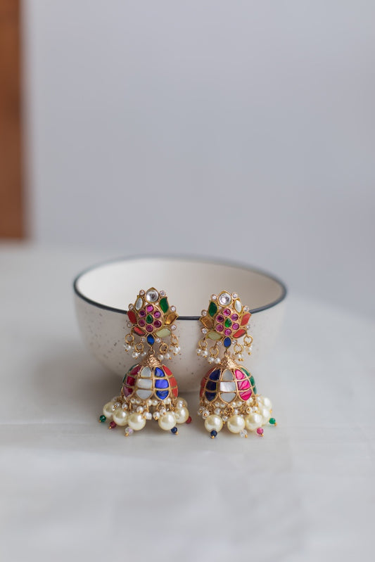 Lotus Stud Navaratna jhumkas